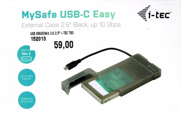 Obudowa USB Type-C dysku 2,5&quot; i-tec MySafe USB 3.2 Gen 2 (3.1 Gen 2) 10 Gbit/s