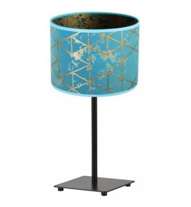 Lampka stołowa z materiałowym abażurem 20 cm, kolor niebieski, złoty wzór geometryczny, metalowy stelaż, E27