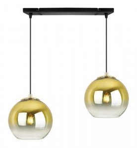 Lampa wisząca na szerokiej prostokątnej listwie 40 cm, 2 klosze szklane złote kule 15 cm, E27