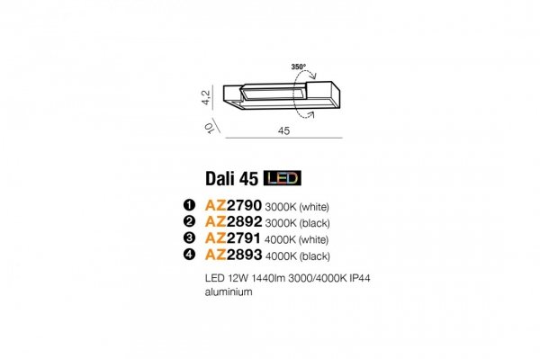 AZZARDO DALI AZ2893 KINKIET ŁAZIENKOWY LED REGULOWANY NAD LUSTRO CZARNY 45CM 4000K BARWA NEUTRALNA