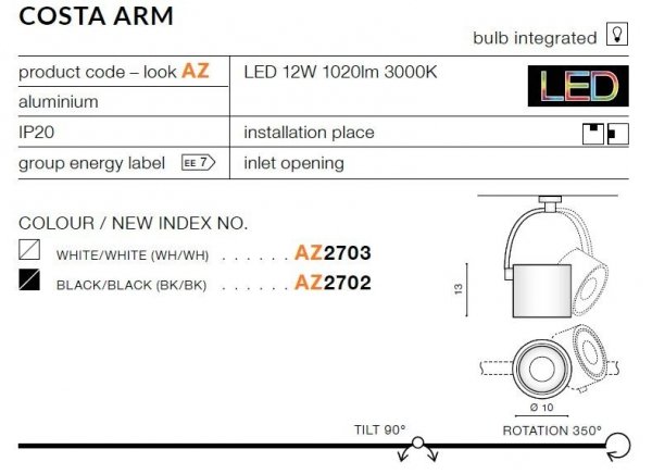 AZZARDO AZ2702 COSTA ARM BK LAMPA SUFITOWA PLAFON SPOT REFLEKTOR REGULOWANY CZARNY