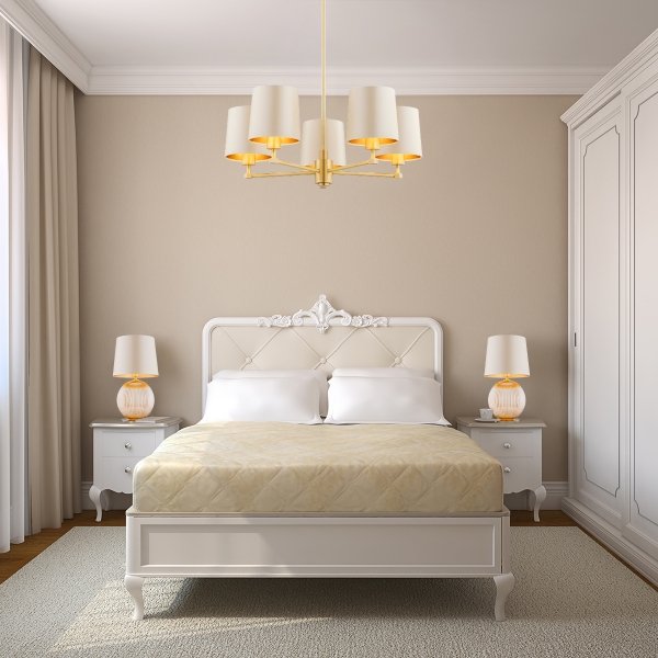LAMPA WISZĄCA ZŁOTA BEŻOWA SATYNA DO SYPIALNI ŻYRANDOL DUŻY DO SALONU MOSIĘŻNY ZŁOTY SZCZOTKOWANY BEŻOWE ABAŻURY KLASYCZNY GLAMOUR ARGON PRINCETON 2187