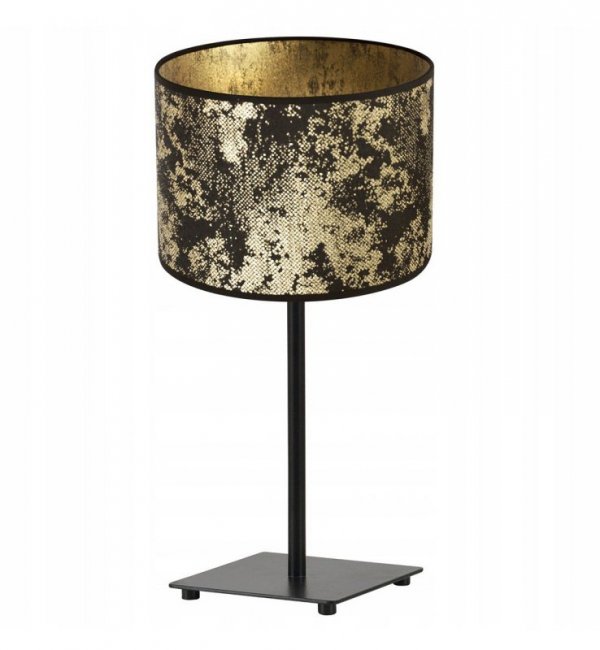 Lampa stołowa z materiałowym abażurem 20 cm, kolor złoty z czarnym wzorem, stelaż metalowy, E27