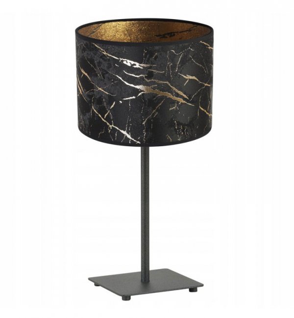 Lampka stołowa z materiałowym abażurem 20 cm, kolor czarny, złoty wzór marmur, metalowy stelaż, E27 LIGHT HOME