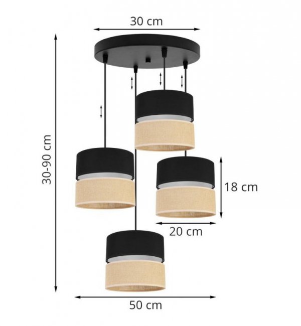 Regulowana lampa wisząca z abażurem JUTA, czarno - beżowa, 4 źródła światła E27, okrągła podsufitka