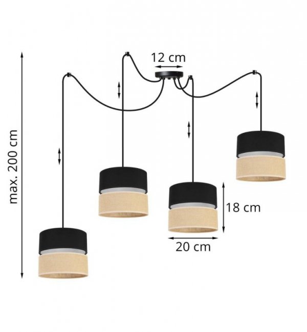 Lampa wisząca JUTA, pająk, regulowana, czarno - beżowa, 4 abażury, gwint E27