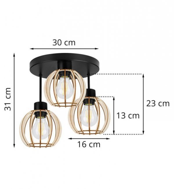 Lampa sufitowa TIMBER z drewna i metalu, trzy klosze, E27 LIGHT HOME