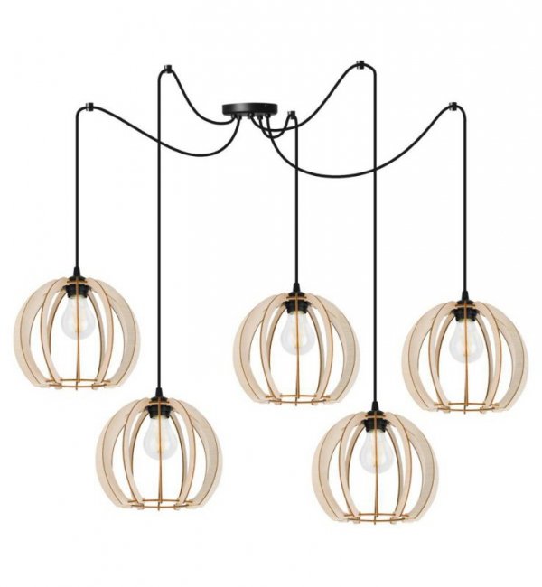 Lampa wisząca typu pająk, 5 abażurów drewnianych ażurowych 24,5 cm, okrągła podsufitka, E27 LIGHT HOME