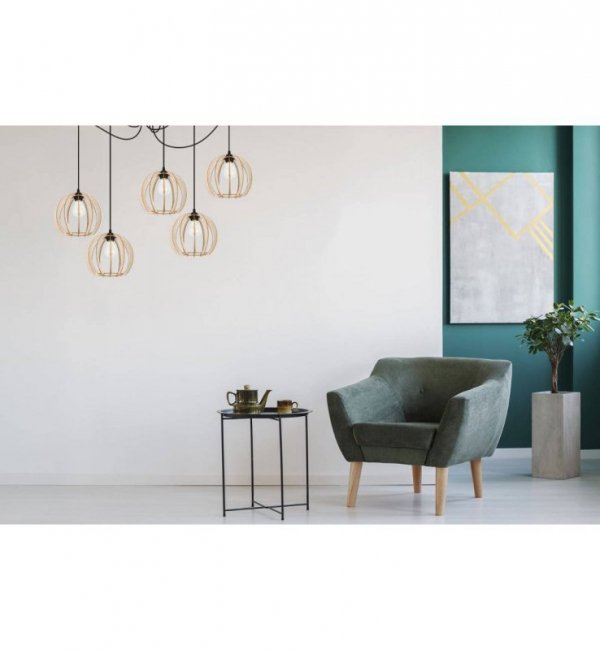 Lampa wisząca typu pająk, 5 abażurów drewnianych ażurowych 24,5 cm, okrągła podsufitka, E27 LIGHT HOME