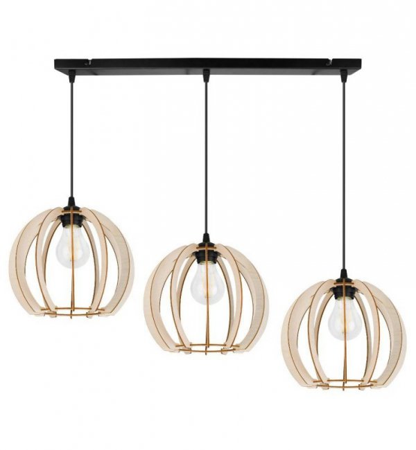 Lampa wisząca z szeroką listwą 60 cm, 3 okrągłe ażurowe klosze z drewna 24,5 cm, E27 LIGHT HOME