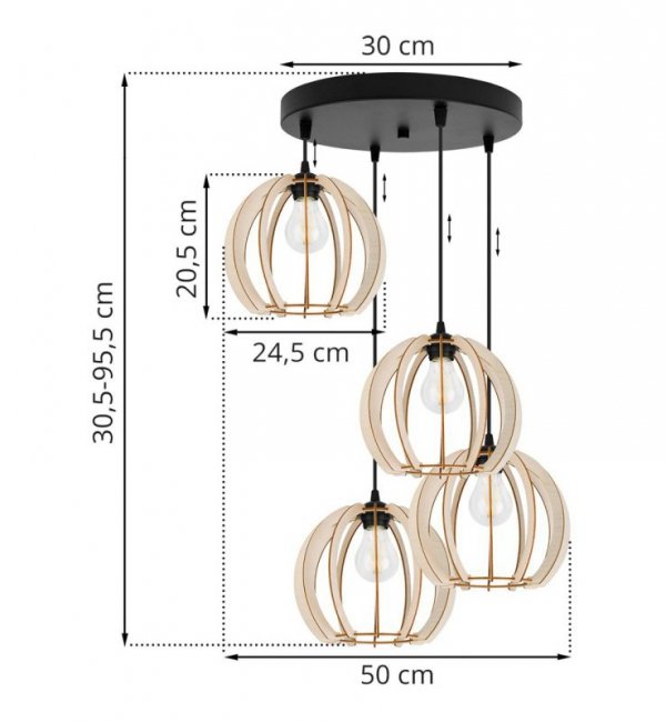 Lampa wisząca na okrągłej podsufitce 30 cm z 4 okrągłymi, ażurowymi kloszami z drewna 24,5 cm, E27