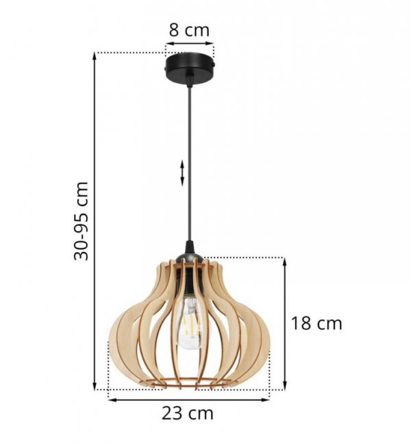 Lampa wisząca z drewnianym ażurowym kloszem 23 cm o oryginalnym kształcie na okrągłej podsufitce 8 cm, E27