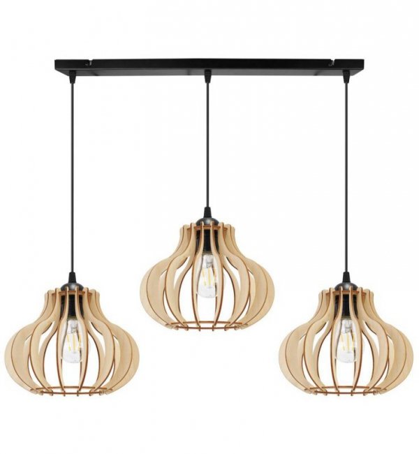Lampa wisząca na szerokiej podsufitce 60 cm z 3 ażurowymi, drewnianymi kloszami 23 cm o nieregularnym kształcie, E27