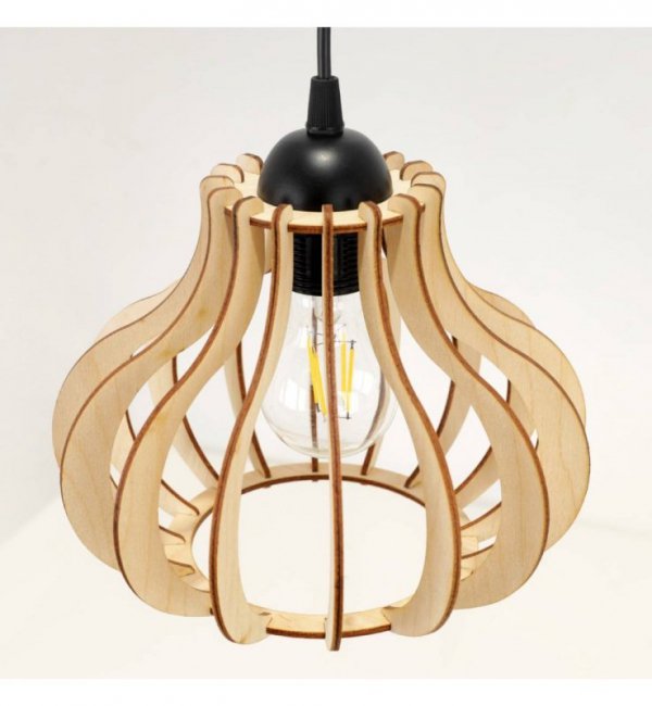 Lampa wisząca na szerokiej podsufitce 60 cm z 3 ażurowymi, drewnianymi kloszami 23 cm o nieregularnym kształcie, E27