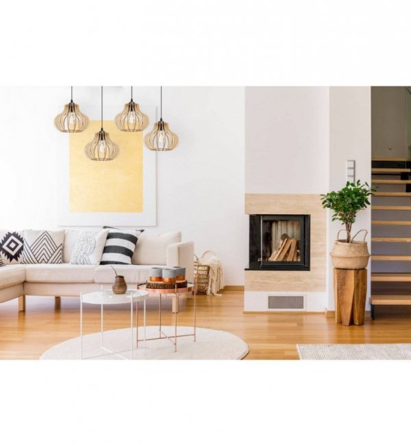 Lampa wisząca na szerokiej listwie 80 cm z 4 drewnianymi kloszami 23 cm w oryginalnym kształcie, E27 LIGHT HOME