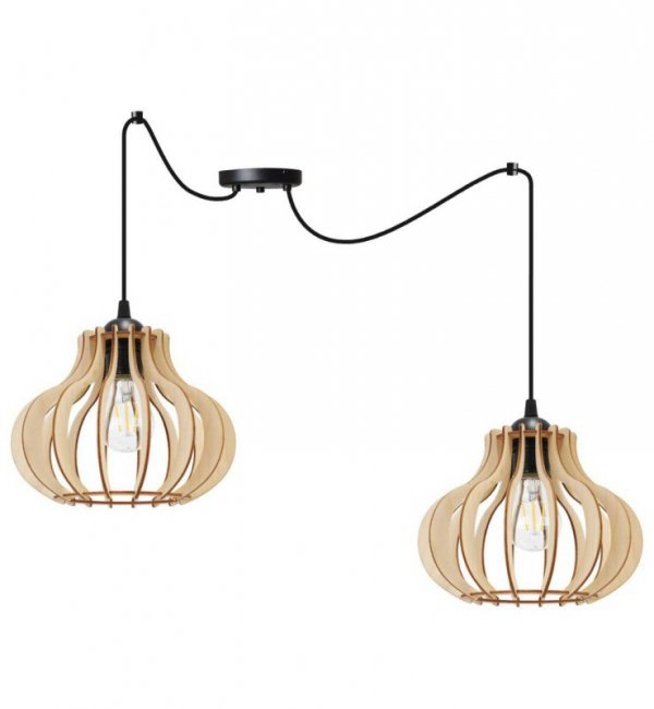 Lampa wisząca typu pająk, 2 drewniane klosze ażurowe o oryginalnym kształcie 23 cm, okrągła podsufitka, E27 LIGHT HOME