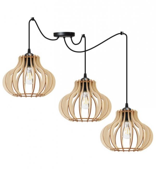 Lampa wisząca typu pająk, 3 drewniane klosze ażurowe o oryginalnym kształcie 23 cm, okrągła podsufitka, E27 LIGHT HOME