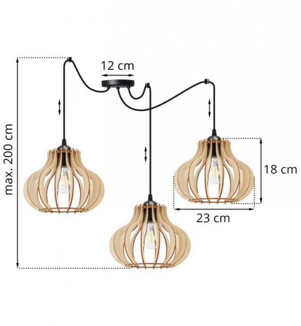 Lampa wisząca typu pająk, 3 drewniane klosze ażurowe o oryginalnym kształcie 23 cm, okrągła podsufitka, E27 LIGHT HOME