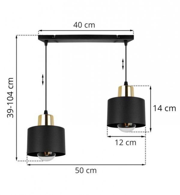 Lampa wisząca na szerokiej listwie 40 cm, 2 klosze czarne metalowe 12 cm ze złotym wykończeniem, E27