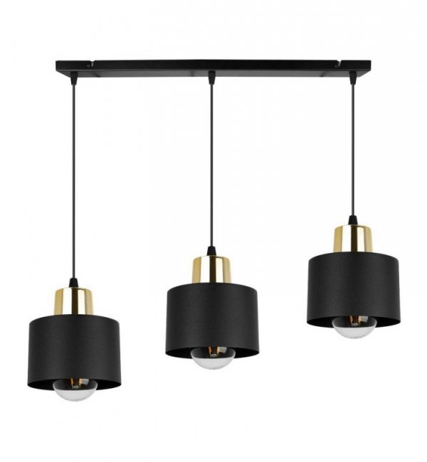 Lampa wisząca na szerokiej listwie 60 cm, 3 klosze czarne metalowe 12 cm, złote wykończenie, E27 LIGHT HOME