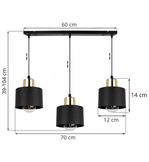 Lampa wisząca na szerokiej listwie 60 cm, 3 klosze czarne metalowe 12 cm, złote wykończenie, E27 LIGHT HOME