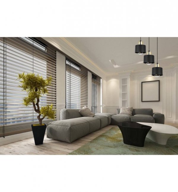 Lampa wisząca na okrągłej podsufitce 30 cm, 3 klosze czarne metalowe 12 cm ze złotym wykończeniem, E27 LIGHT HOME