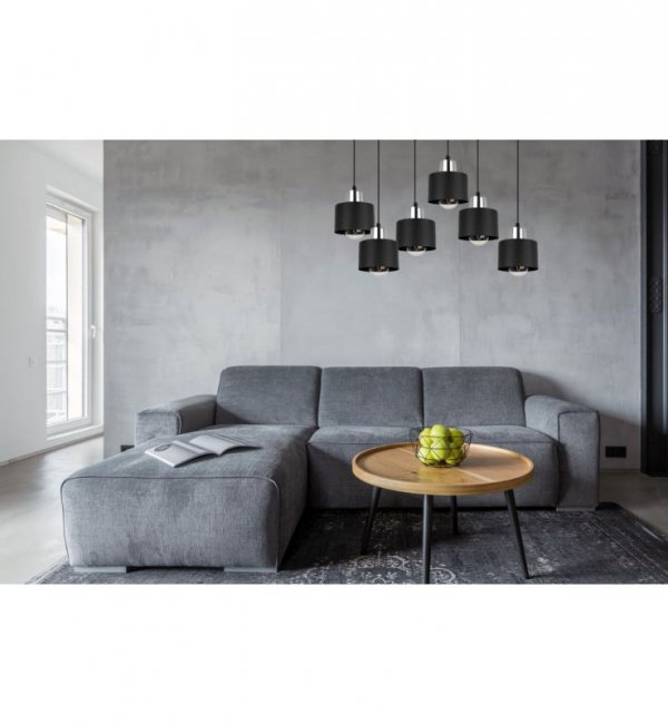 Lampa wisząca z prostokątną podsufitką 60 cm, 6 metalowych, czarnych kloszy 12 cm ze srebrnym wykończeniem, E27 LIGHT HOME