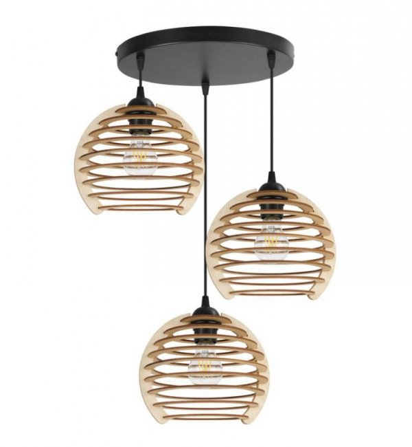 Lampa wisząca na okrągłej podsufitce 30 cm, 3 drewniane klosze 21 cm w kształcie ażurowych kul, E27 LIGHT HOME