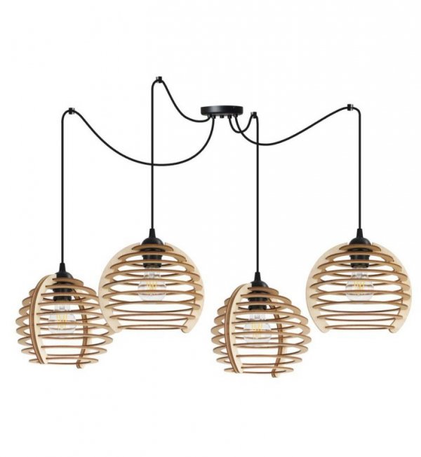 Lampa wisząca typu pająk, 4 klosze drewniana kula ażurowa 21 cm z poziomymi lamelami, okrągła podsufitka, E27 LIGHT HOME