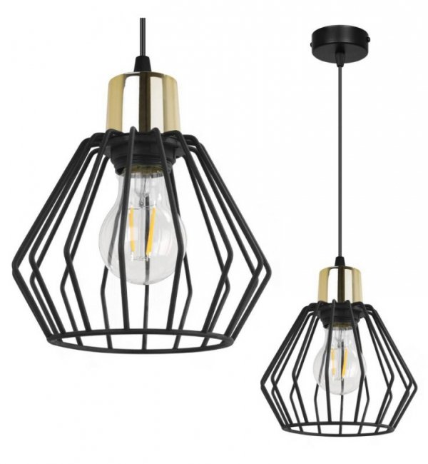 Lampa wisząca zwis, druciany czarny klosz metalowy 18 cm ze złotym wykończeniem, podsufitka 8 cm, E27 LIGHT HOME
