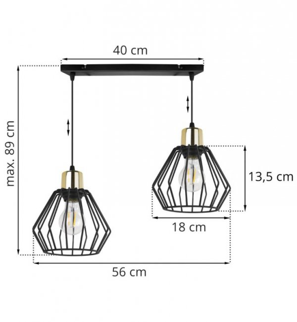 Lampa wisząca na szerokiej listwie 40 cm, 2 klosze druciane czarne metalowe 18 cm ze złotym wykończeniem, E27 LIGHT HOME