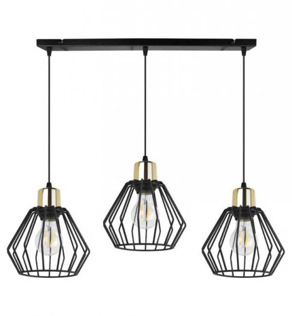 Lampa wisząca na szerokiej listwie 60 cm, 3 klosze druciane czarne metalowe 18 cm ze złotym wykończeniem, E27 LIGHT HOME