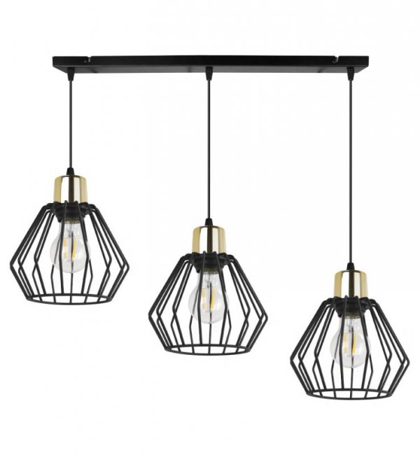 Lampa wisząca na szerokiej listwie 60 cm, 3 klosze druciane czarne metalowe 18 cm ze złotym wykończeniem, E27 LIGHT HOME
