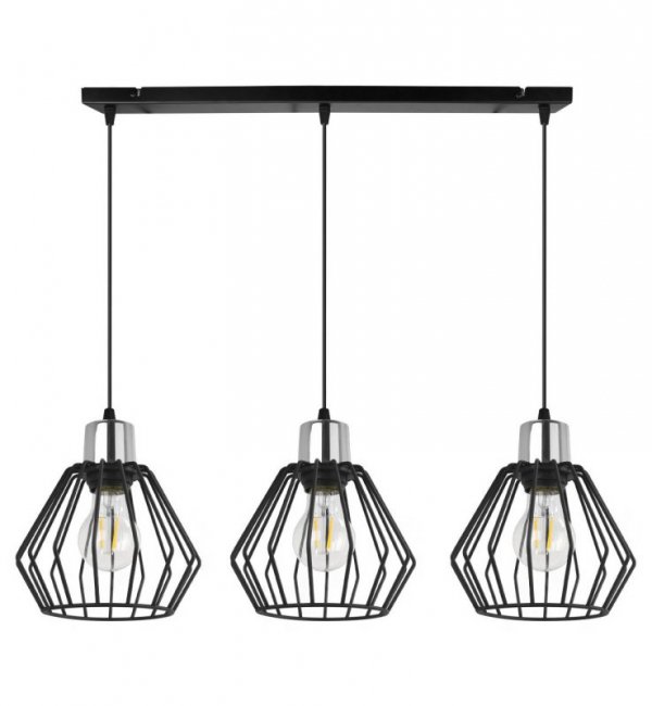 Lampa wisząca na szerokiej listwie 60 cm, 3 klosze druciane czarne metalowe 18 cm ze srebrnym, chromowanym wykończeniem, E27 LIGHT HOME