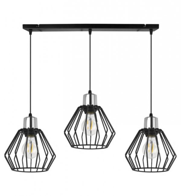 Lampa wisząca na szerokiej listwie 60 cm, 3 klosze druciane czarne metalowe 18 cm ze srebrnym, chromowanym wykończeniem, E27 LIGHT HOME