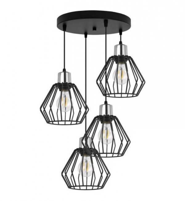 Lampa wisząca na okrągłej podsufitce 30 cm, 4 klosze druciane metalowe czarne 18 cm ze srebrnym, chromowanym wykończeniem, E27 LIGHT HOME
