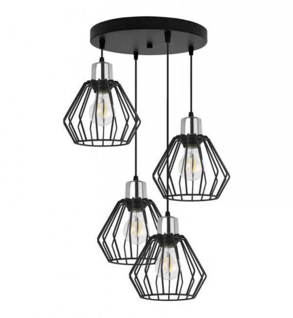 Lampa wisząca na okrągłej podsufitce 30 cm, 4 klosze druciane metalowe czarne 18 cm ze srebrnym, chromowanym wykończeniem, E27 LIGHT HOME