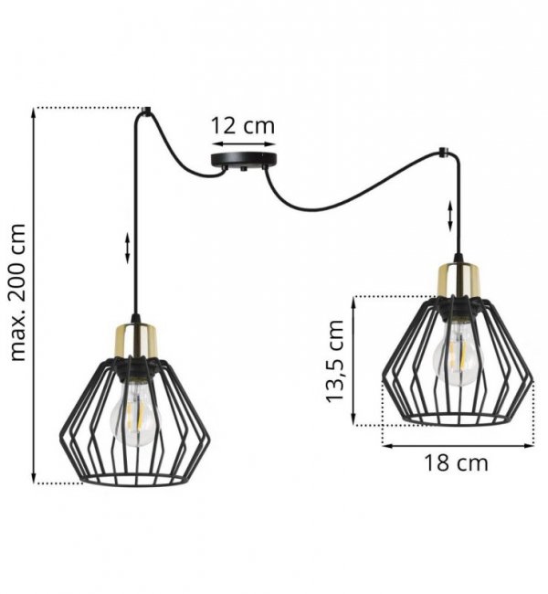 Lampa wisząca typu pająk, 2 klosze druciane czarne metalowe 18 cm ze złotym wykończeniem, E27 LIGHT HOME