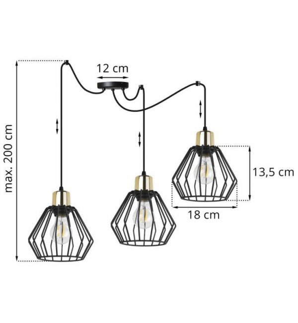 Lampa wisząca typu pająk, 3 czarne druciane klosze metalowe 18 cm ze złotym wykończeniem, E27 LIGHT HOME