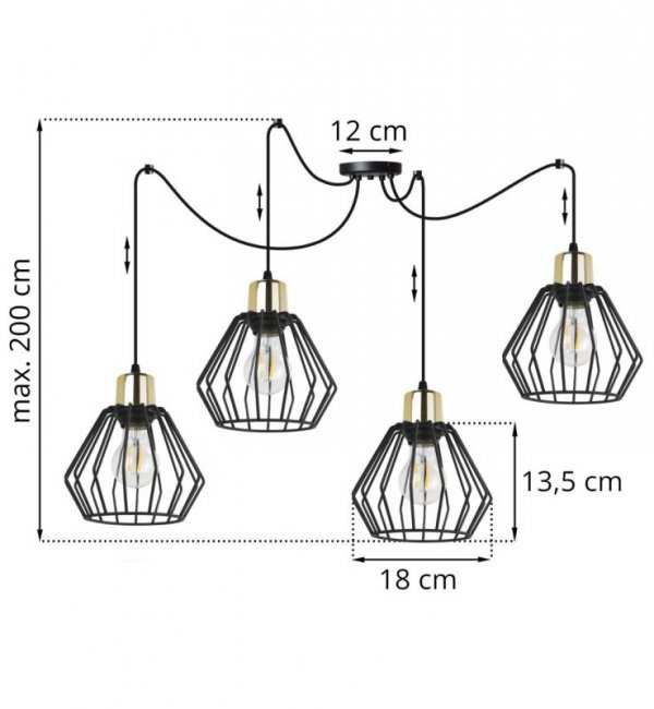Lampa wisząca typu pająk, 4 druciane czarne klosze metalowe 18 cm ze złotym wykończeniem, E27 LIGHT HOME