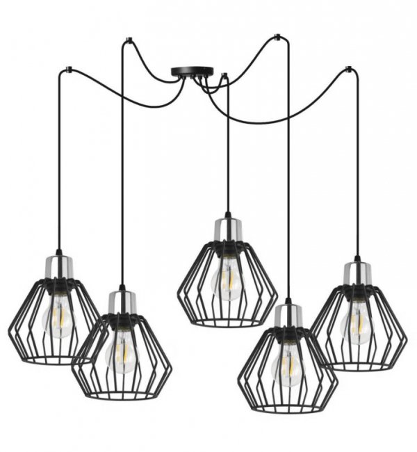 Lampa wisząca typu pająk, 5 czarnych drucianych kloszy metalowych 18 cm, srebrne, chromowane wykończenie, E27 LIGHT HOME