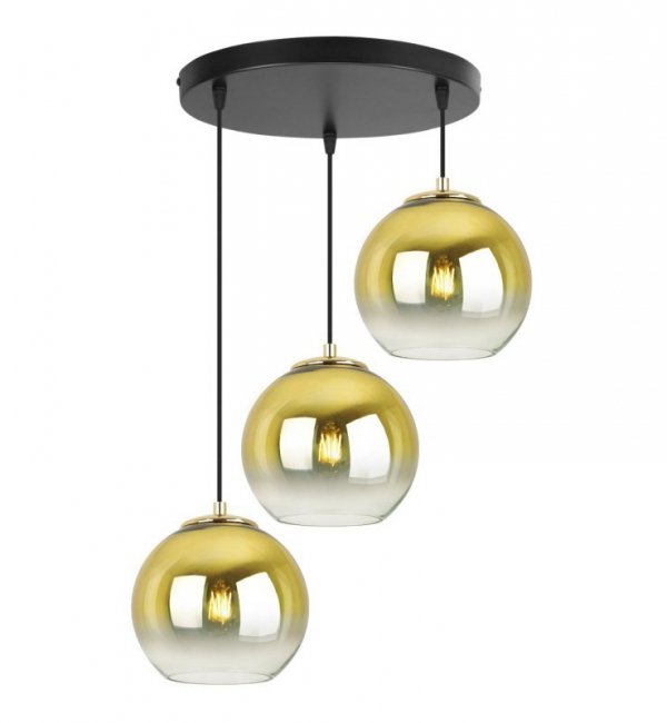 Lampa wisząca na okrągłej podsufitce 30 cm, 3 klosze szklane złote kule 15 cm, E27 LIGHT HOME