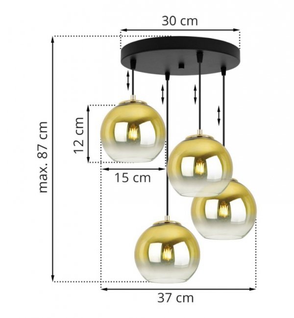 Lampa wisząca na okrągłej podsufitce 30 cm, 4 klosze szklane złote kule 15 cm, E27 LIGHT HOME