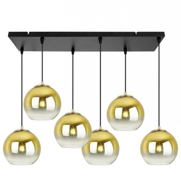 Lampa wisząca na szerokiej prostokątnej listwie 60 cm, 6 złotych kloszy szklane kule 15 cm, E27 LIGHT HOME