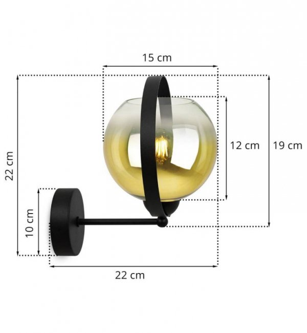 Kinkiet ścienny na prostym ramieniu ze złotym kloszem ze szkła w kształcie kuli 15 cm z czarną metalową ramą, E27 LIGHT HOME