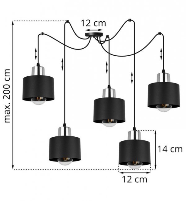 Lampa wisząca typu pająk, 5 metalowych, czarnych kloszy 12 cm ze srebrnym, chromowanym wykończeniem, E27