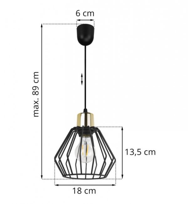 Lampa wisząca zwis, druciany czarny klosz metalowy 18 cm ze złotym wykończeniem, podsufitka 6 cm, E27 LIGHT HOME