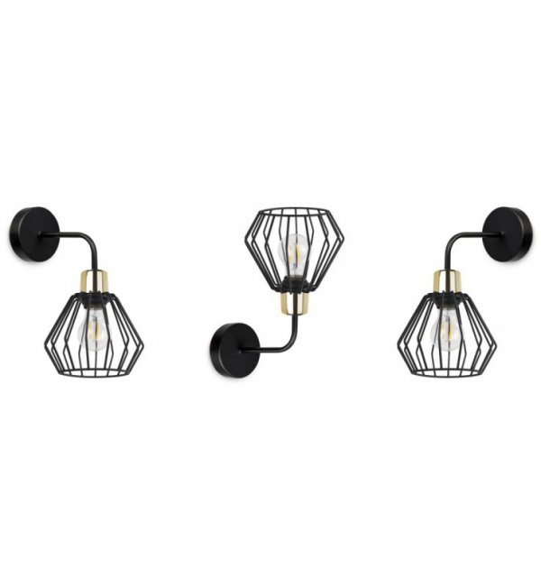 Kinkiet ścienny na zaokrąglonym ramieniu, klosz druciany metalowy czarny 18 cm ze złotym wykończeniem, E27 LIGHT HOME