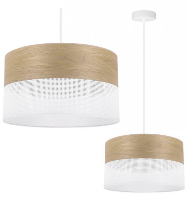 Lampa wisząca WOOD, nowoczesny biały żyrandol z naturalnym drewnem