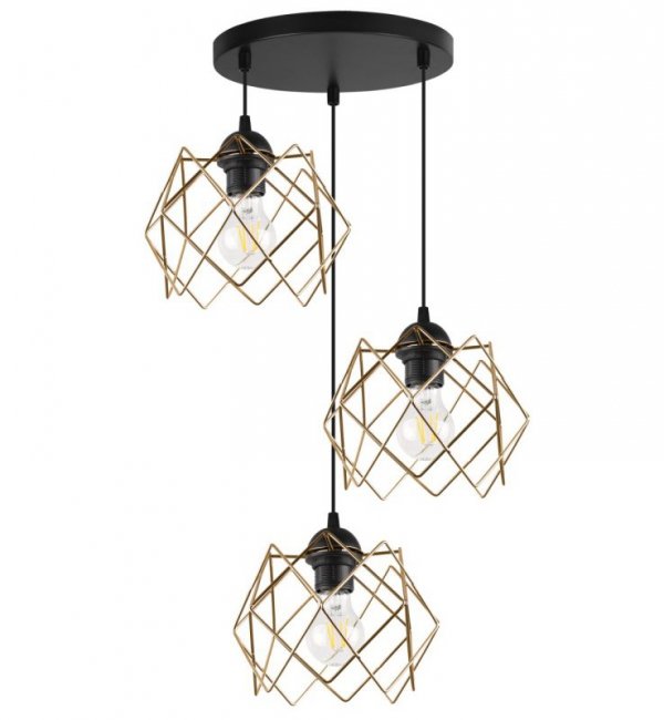 Lampa wisząca sufitowa STELLA, potrójny żyrandol z okrągłą listwą, czarny, złote klosze, styl loft